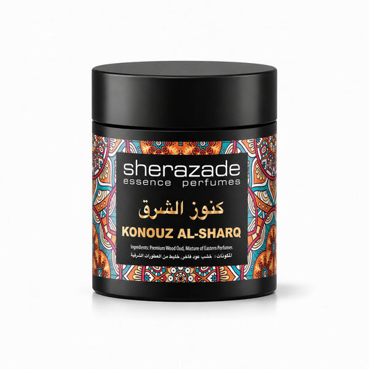 Konouz Al-Sharq Räucherwerk aus edlem Oud-Holz in der Sherazade-Dose